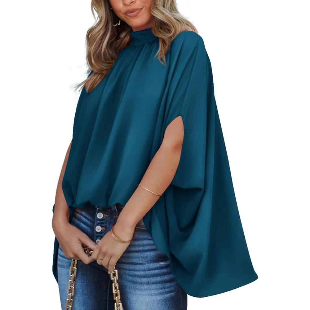 imageBTFBM Womens Summer Tops 2026 Mock Neck Batwing Sleeve Silk Satin Shirts Loose Oversized Dressy Casual Spring BlousesDark Blue