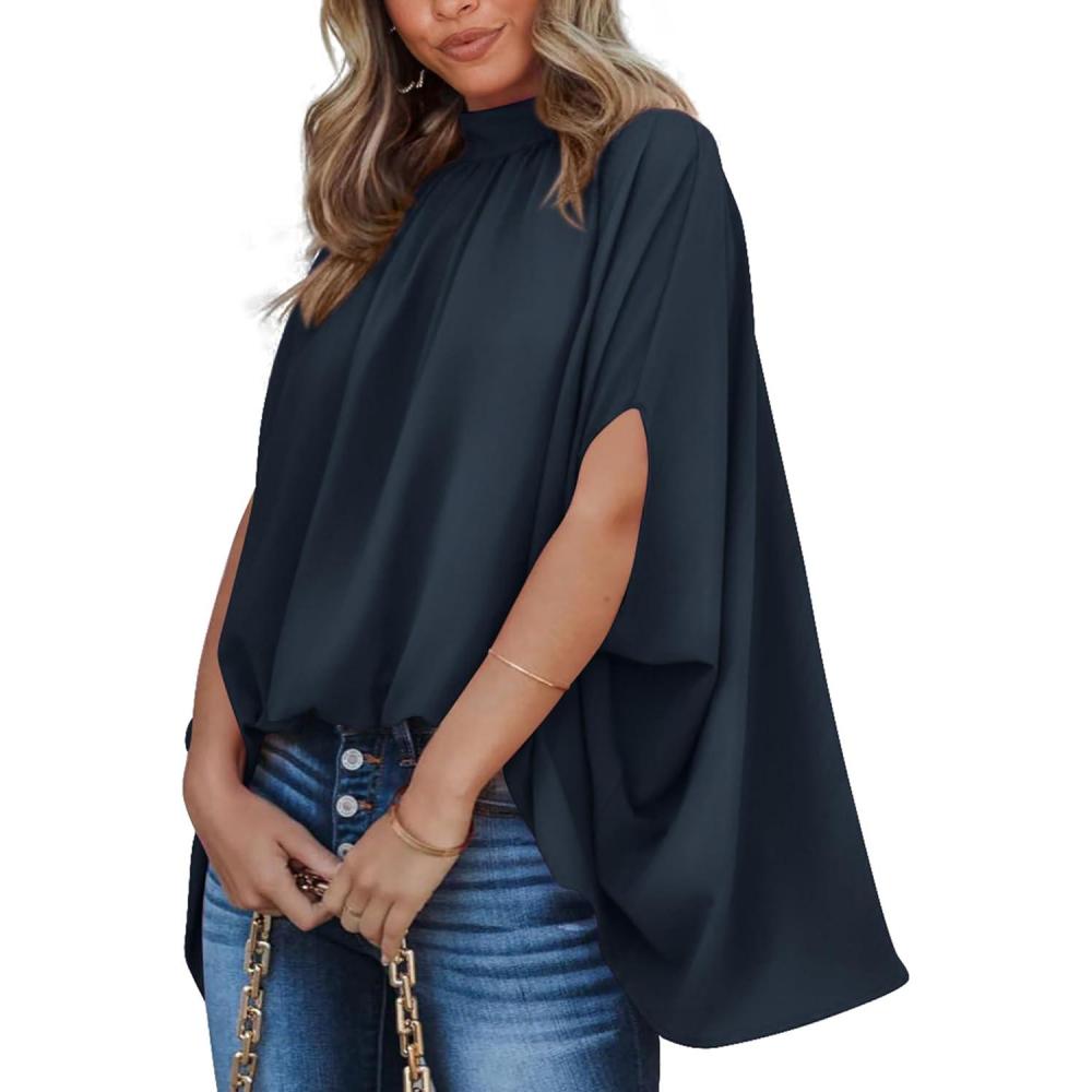 imageBTFBM Womens Summer Tops 2026 Mock Neck Batwing Sleeve Silk Satin Shirts Loose Oversized Dressy Casual Spring BlousesNavy