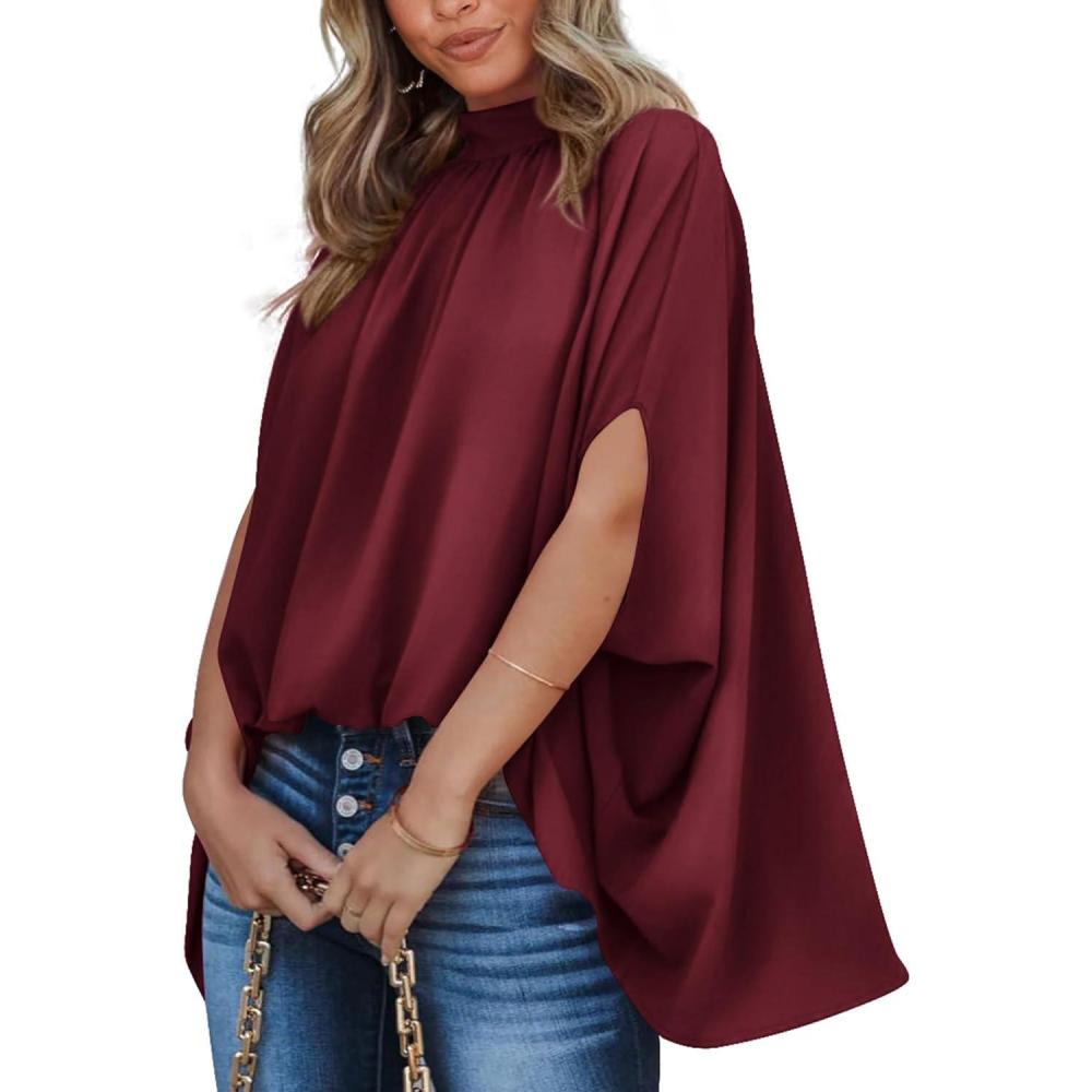 imageBTFBM Womens Summer Tops 2026 Mock Neck Batwing Sleeve Silk Satin Shirts Loose Oversized Dressy Casual Spring BlousesWine Red