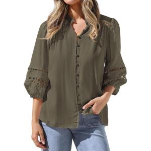 BTFBM 3/4 Length Sleeve Womens Tops Summer Blouses Eyelet Hollow Out Button Down Shirts Business Casual Outfits 2026(Army Green)