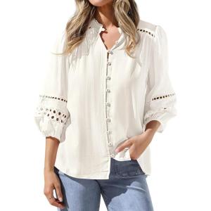 BTFBM 3/4 Length Sleeve Womens Tops Summer Blouses Eyelet Hollow Out Button Down Shirts Business Casual Outfits 2026(Beige)