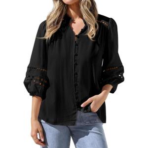 BTFBM 3/4 Length Sleeve Womens Tops Summer Blouses Eyelet Hollow Out Button Down Shirts Business Casual Outfits 2026(Black)