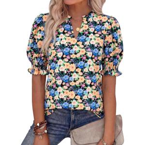 BTFBM Summer Blouses for Women Dressy Casual 2026 Fashion Spring Tops Floral Boho V Neck Puff Short Sleeve Top Shirts(Floral Black Apricot)