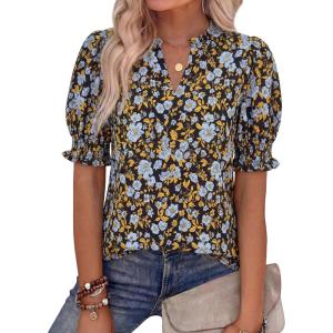BTFBM Summer Blouses for Women Dressy Casual 2026 Fashion Spring Tops Floral Boho V Neck Puff Short Sleeve Top Shirts(Floral Black Blue)