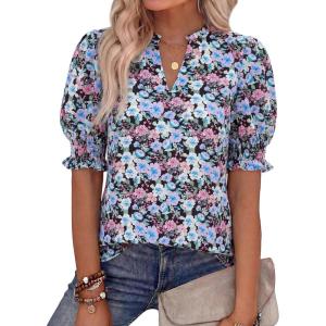 BTFBM Summer Blouses for Women Dressy Casual 2026 Fashion Spring Tops Floral Boho V Neck Puff Short Sleeve Top Shirts(Floral Black Purple Pink)
