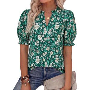 BTFBM Summer Blouses for Women Dressy Casual 2026 Fashion Spring Tops Floral Boho V Neck Puff Short Sleeve Top Shirts(Floral Dark Green)