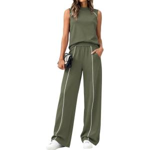 BTFBM Two Piece Sets for Women Summer Outfits 2026 Lounge Sets Mock Neck Tops Wide Leg Pants Travel Fashion Clothing(Army Green)