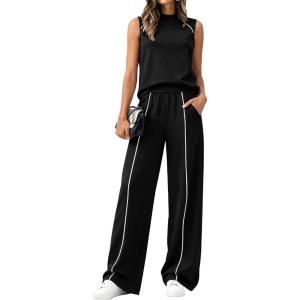 BTFBM Two Piece Sets for Women Summer Outfits 2026 Lounge Sets Mock Neck Tops Wide Leg Pants Travel Fashion Clothing(Black)