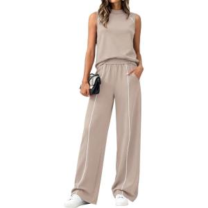 BTFBM Two Piece Sets for Women Summer Outfits 2026 Lounge Sets Mock Neck Tops Wide Leg Pants Travel Fashion Clothing(Khaki)