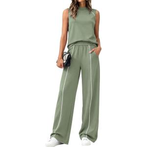 BTFBM Two Piece Sets for Women Summer Outfits 2026 Lounge Sets Mock Neck Tops Wide Leg Pants Travel Fashion Clothing(Sage Green)