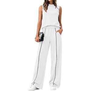 BTFBM Two Piece Sets for Women Summer Outfits 2026 Lounge Sets Mock Neck Tops Wide Leg Pants Travel Fashion Clothing(White)
