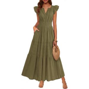 BTFBM Womens Summer Maxi Dress 2026 Spring Boho Vacation Ruffle Flutter Short Sleeve A Line Tiered Flowy Dresses Pockets(Army Green)