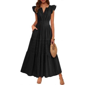 BTFBM Womens Summer Maxi Dress 2026 Spring Boho Vacation Ruffle Flutter Short Sleeve A Line Tiered Flowy Dresses Pockets(Black)