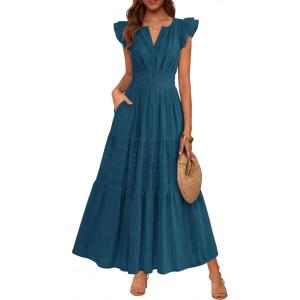 BTFBM Womens Summer Maxi Dress 2026 Spring Boho Vacation Ruffle Flutter Short Sleeve A Line Tiered Flowy Dresses Pockets(Lake Blue)