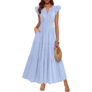 BTFBM Womens Summer Maxi Dress 2026 Spring Boho Vacation Ruffle Flutter Short Sleeve A Line Tiered Flowy Dresses Pockets(Light Blue)