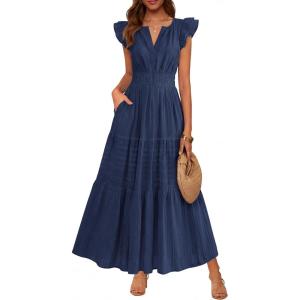 BTFBM Womens Summer Maxi Dress 2026 Spring Boho Vacation Ruffle Flutter Short Sleeve A Line Tiered Flowy Dresses Pockets(Navy Blue)