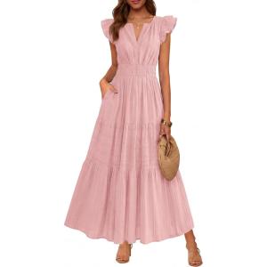 BTFBM Womens Summer Maxi Dress 2026 Spring Boho Vacation Ruffle Flutter Short Sleeve A Line Tiered Flowy Dresses Pockets(Pink)