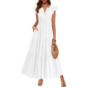 BTFBM Womens Summer Maxi Dress 2026 Spring Boho Vacation Ruffle Flutter Short Sleeve A Line Tiered Flowy Dresses Pockets(White)