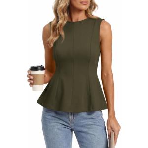 BTFBM Womens Summer Tops 2026 Business Casual Outfits Crew Neck Sleeveless Shirts Slim Fit Peplum Tank Top(Dark Army Green)