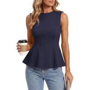 BTFBM Womens Summer Tops 2026 Business Casual Outfits Crew Neck Sleeveless Shirts Slim Fit Peplum Tank Top(Navy)