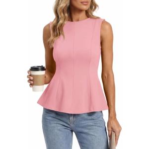 BTFBM Womens Summer Tops 2026 Business Casual Outfits Crew Neck Sleeveless Shirts Slim Fit Peplum Tank Top(Pink)