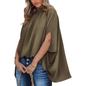 BTFBM Womens Summer Tops 2026 Mock Neck Batwing Sleeve Silk Satin Shirts Loose Oversized Dressy Casual Spring Blouses(Army Green)