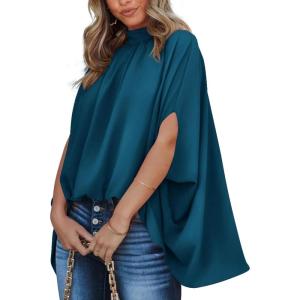BTFBM Womens Summer Tops 2026 Mock Neck Batwing Sleeve Silk Satin Shirts Loose Oversized Dressy Casual Spring Blouses(Dark Blue)