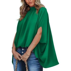 BTFBM Womens Summer Tops 2026 Mock Neck Batwing Sleeve Silk Satin Shirts Loose Oversized Dressy Casual Spring Blouses(Green)