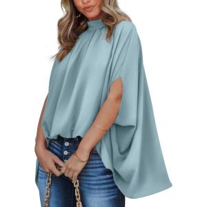 BTFBM Womens Summer Tops 2026 Mock Neck Batwing Sleeve Silk Satin Shirts Loose Oversized Dressy Casual Spring Blouses(Light Blue)