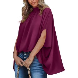 BTFBM Womens Summer Tops 2026 Mock Neck Batwing Sleeve Silk Satin Shirts Loose Oversized Dressy Casual Spring Blouses(Purple Red)