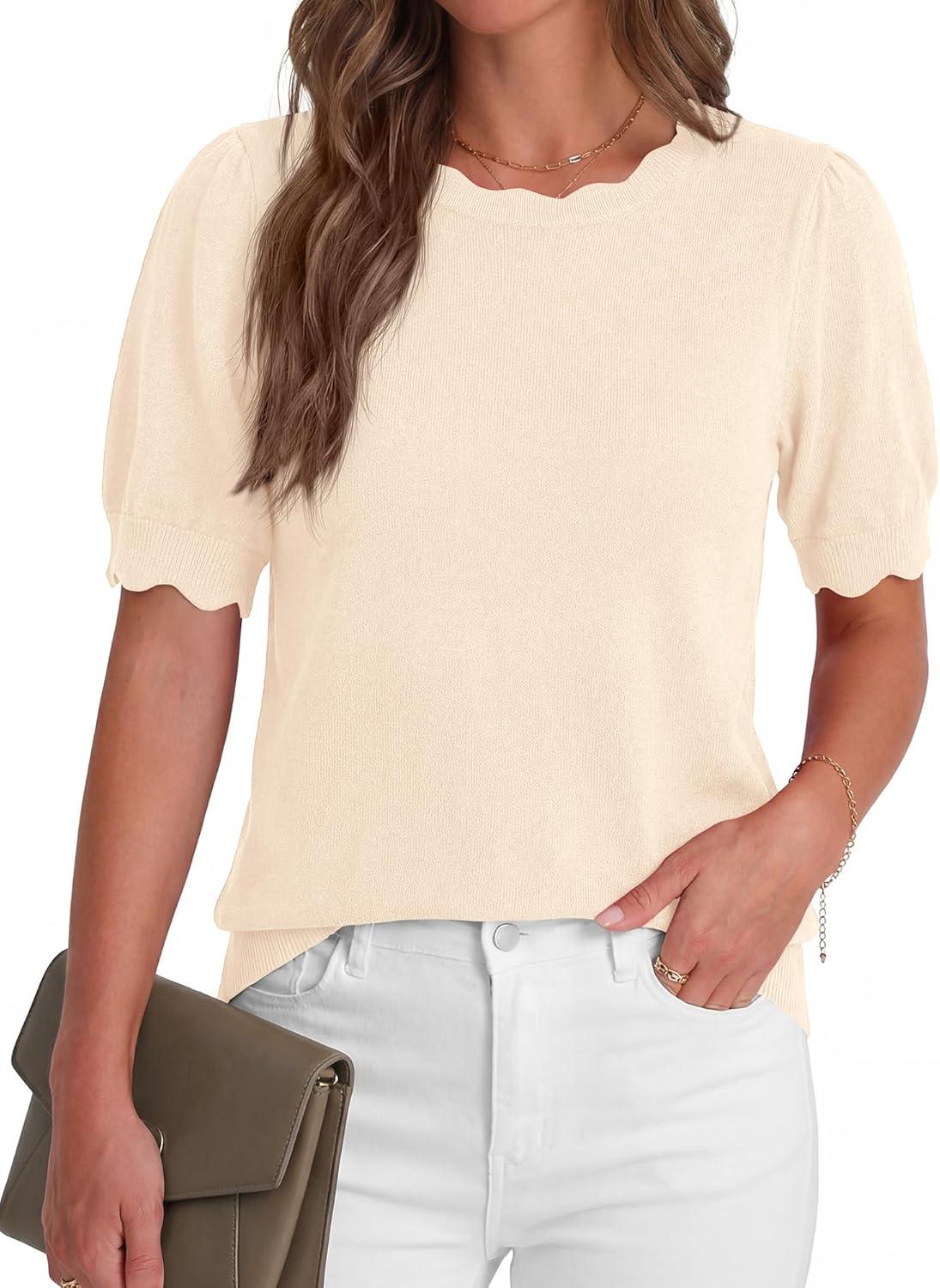 imageBTFBM Short Sleeve Sweater for Women 2026 Spring Summer Knit Basic Tops Lightweight Business Casual Vacation OutfitsBeige