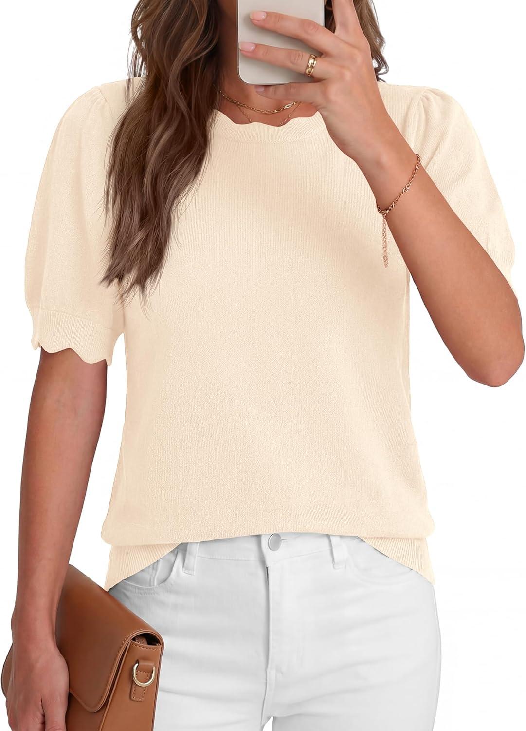 imageBTFBM Short Sleeve Sweater for Women 2026 Spring Summer Knit Basic Tops Lightweight Business Casual Vacation OutfitsBeige