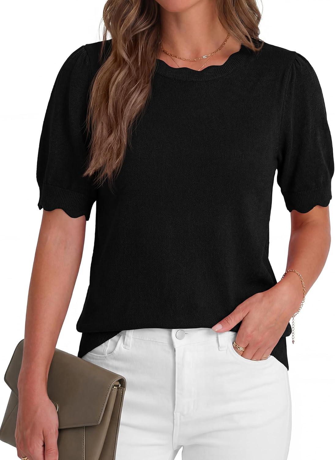imageBTFBM Short Sleeve Sweater for Women 2026 Spring Summer Knit Basic Tops Lightweight Business Casual Vacation OutfitsBlack