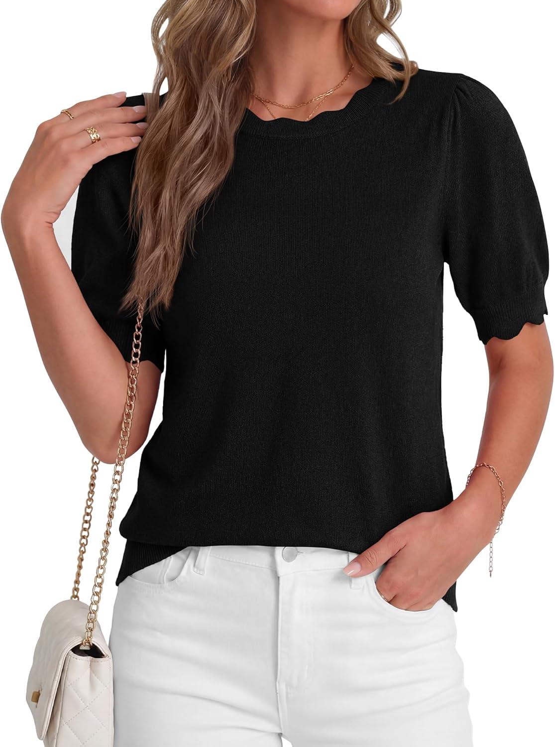 imageBTFBM Short Sleeve Sweater for Women 2026 Spring Summer Knit Basic Tops Lightweight Business Casual Vacation OutfitsBlack