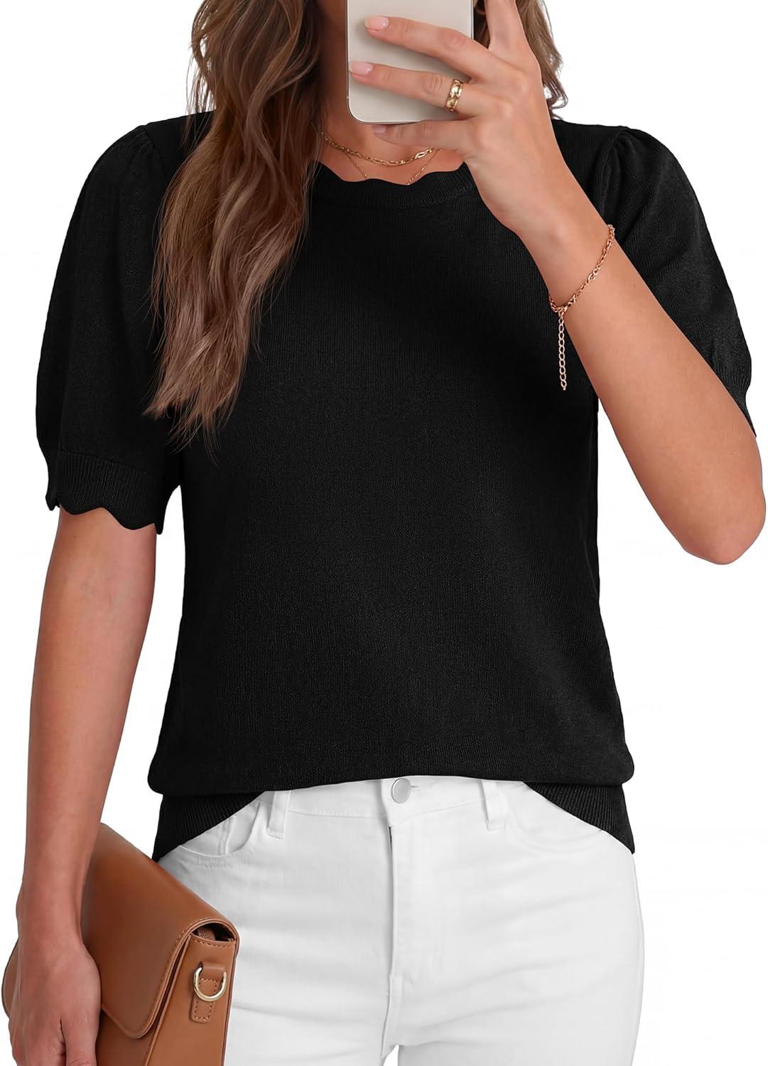 imageBTFBM Short Sleeve Sweater for Women 2026 Spring Summer Knit Basic Tops Lightweight Business Casual Vacation OutfitsBlack
