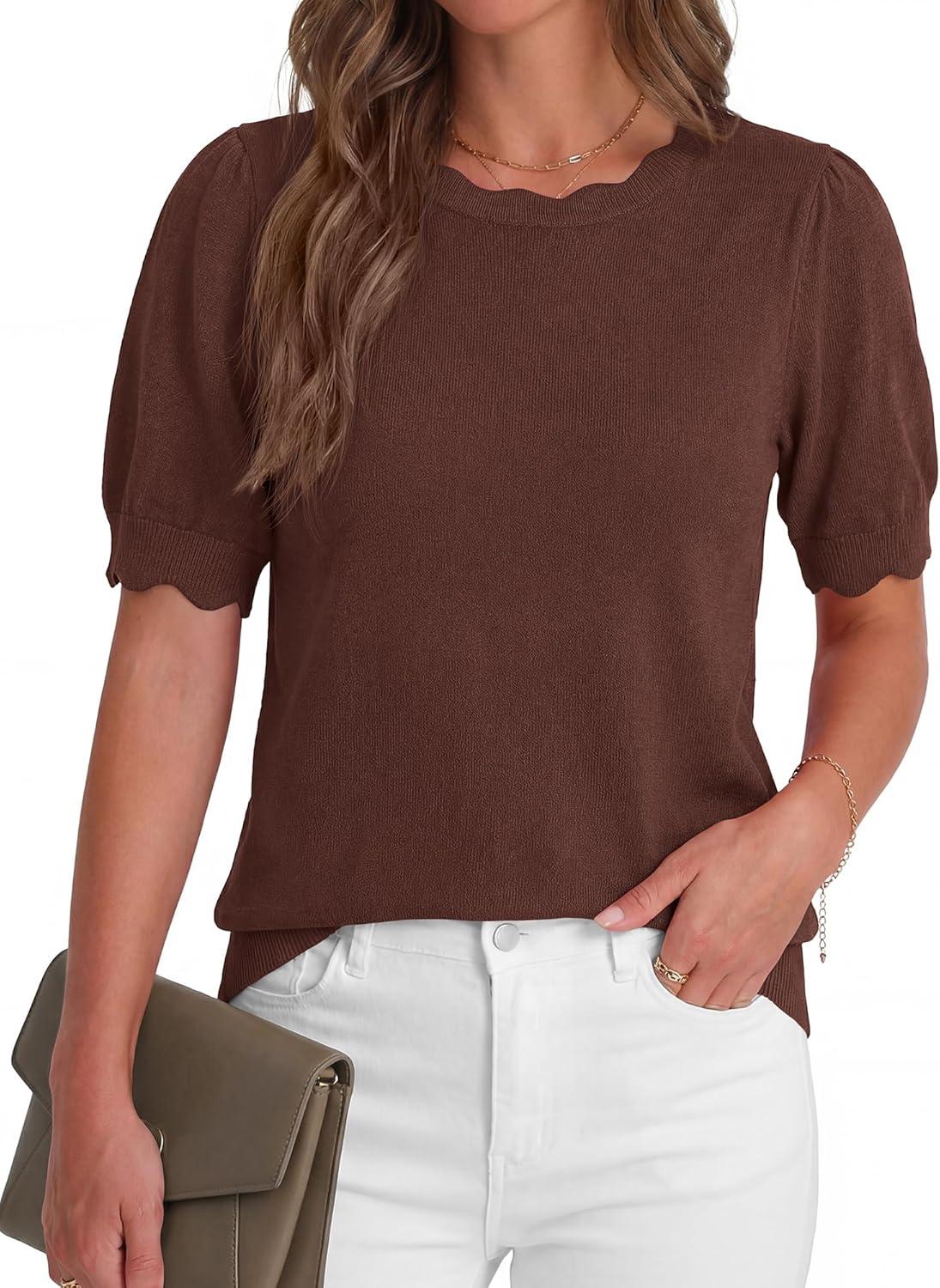 imageBTFBM Short Sleeve Sweater for Women 2026 Spring Summer Knit Basic Tops Lightweight Business Casual Vacation OutfitsBrown