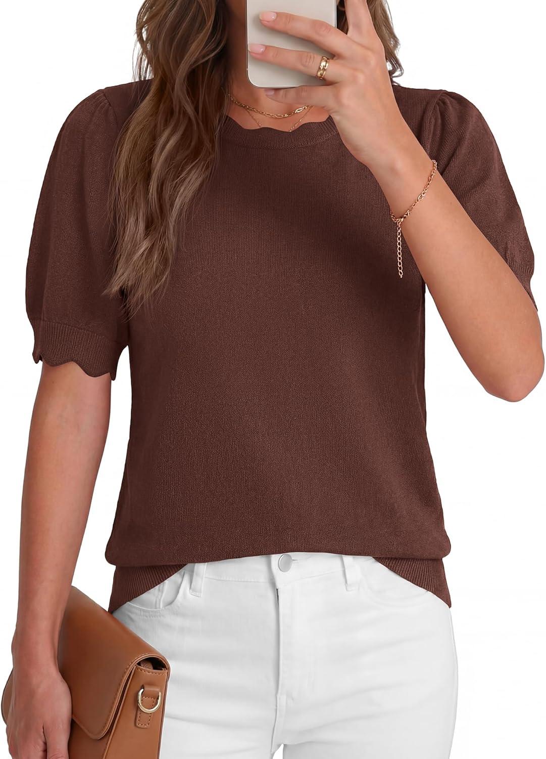 imageBTFBM Short Sleeve Sweater for Women 2026 Spring Summer Knit Basic Tops Lightweight Business Casual Vacation OutfitsBrown