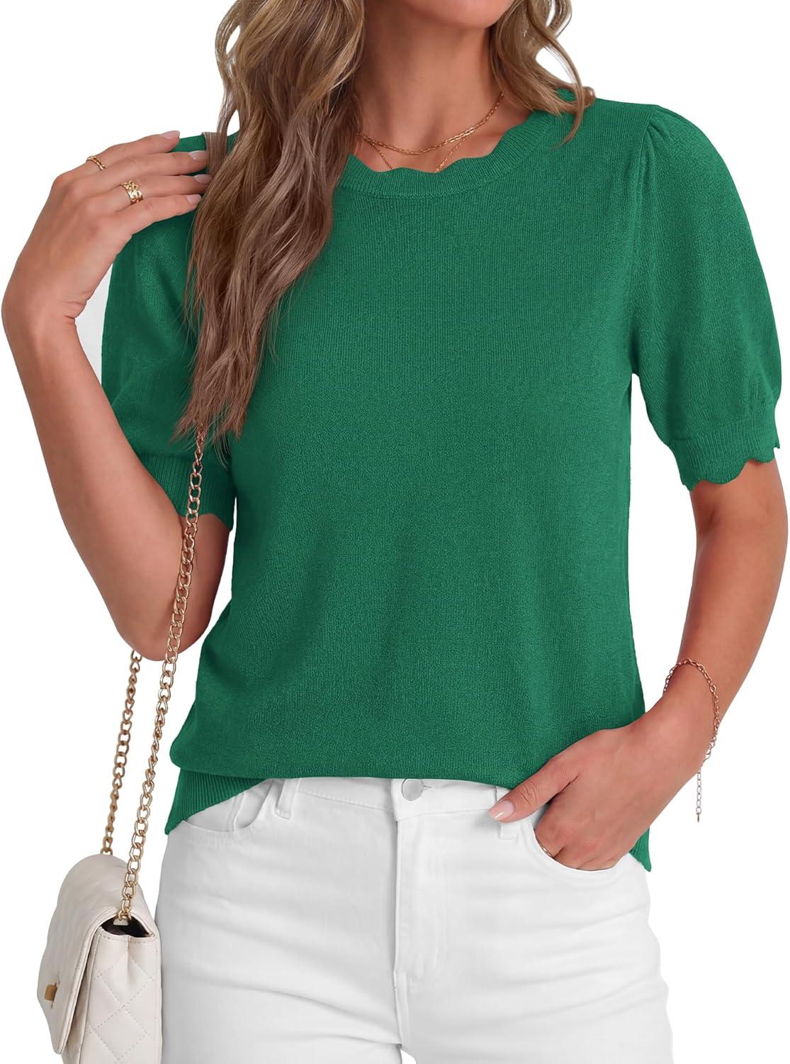 imageBTFBM Short Sleeve Sweater for Women 2026 Spring Summer Knit Basic Tops Lightweight Business Casual Vacation OutfitsGreen
