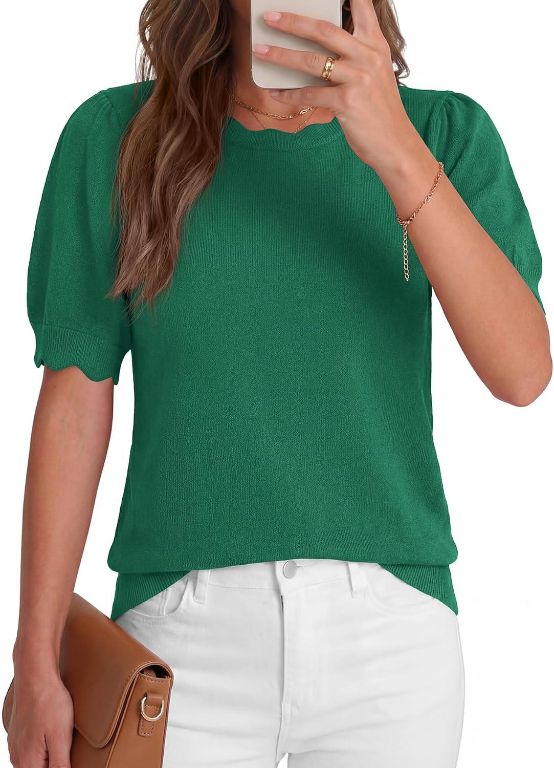 imageBTFBM Short Sleeve Sweater for Women 2026 Spring Summer Knit Basic Tops Lightweight Business Casual Vacation OutfitsGreen