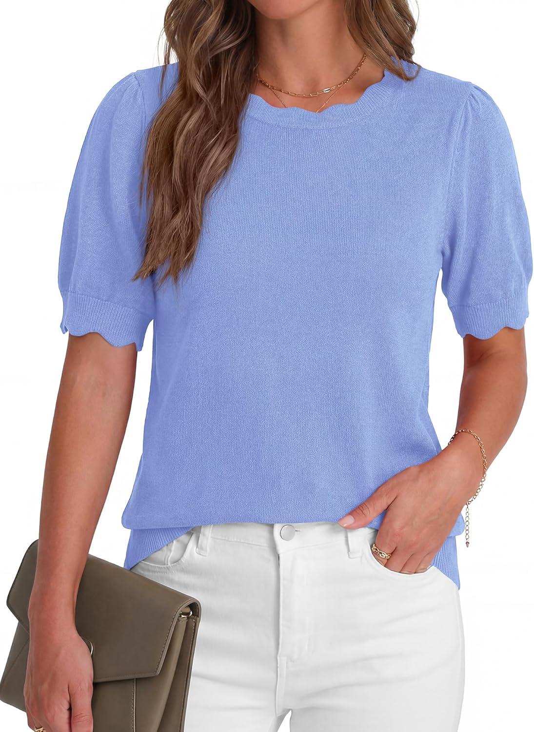 imageBTFBM Short Sleeve Sweater for Women 2026 Spring Summer Knit Basic Tops Lightweight Business Casual Vacation OutfitsLight Blue