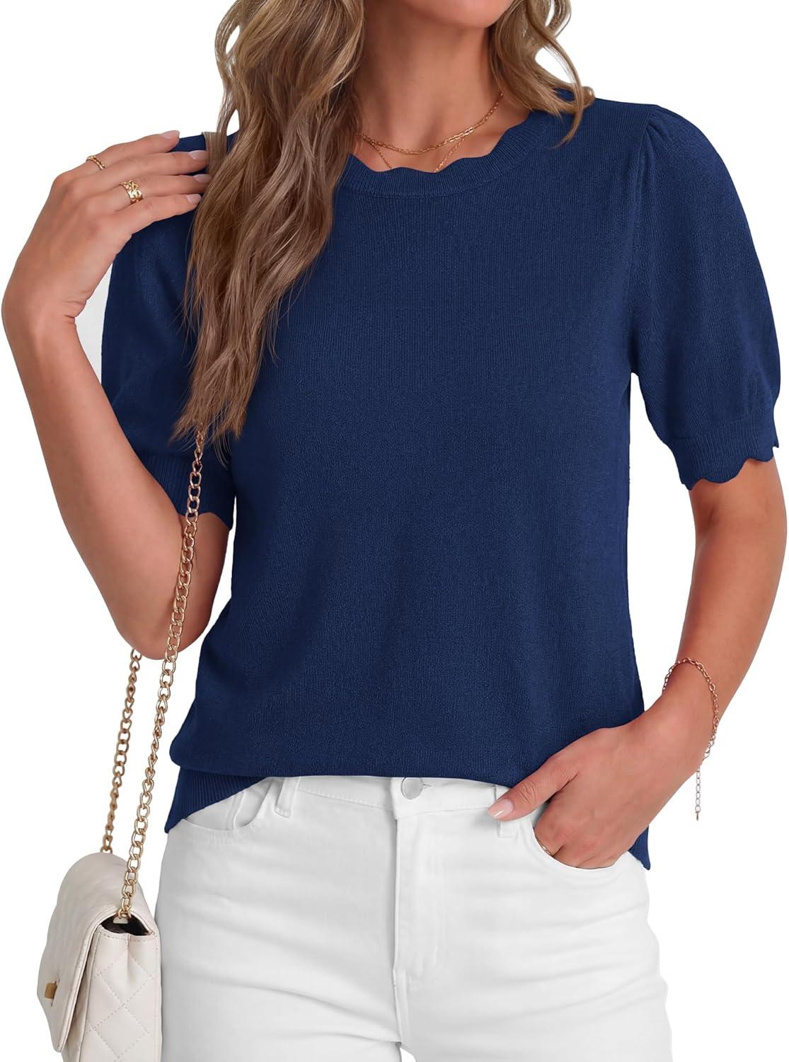 imageBTFBM Short Sleeve Sweater for Women 2026 Spring Summer Knit Basic Tops Lightweight Business Casual Vacation OutfitsNavy Blue