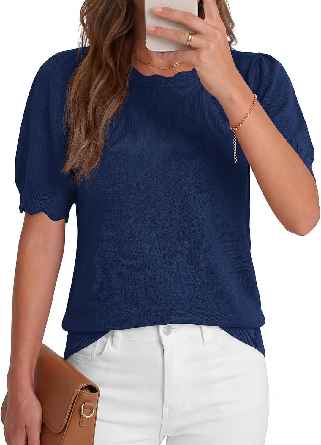 imageBTFBM Short Sleeve Sweater for Women 2026 Spring Summer Knit Basic Tops Lightweight Business Casual Vacation OutfitsNavy Blue