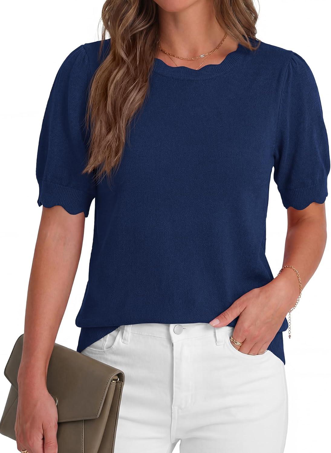 imageBTFBM Short Sleeve Sweater for Women 2026 Spring Summer Knit Basic Tops Lightweight Business Casual Vacation OutfitsNavy Blue