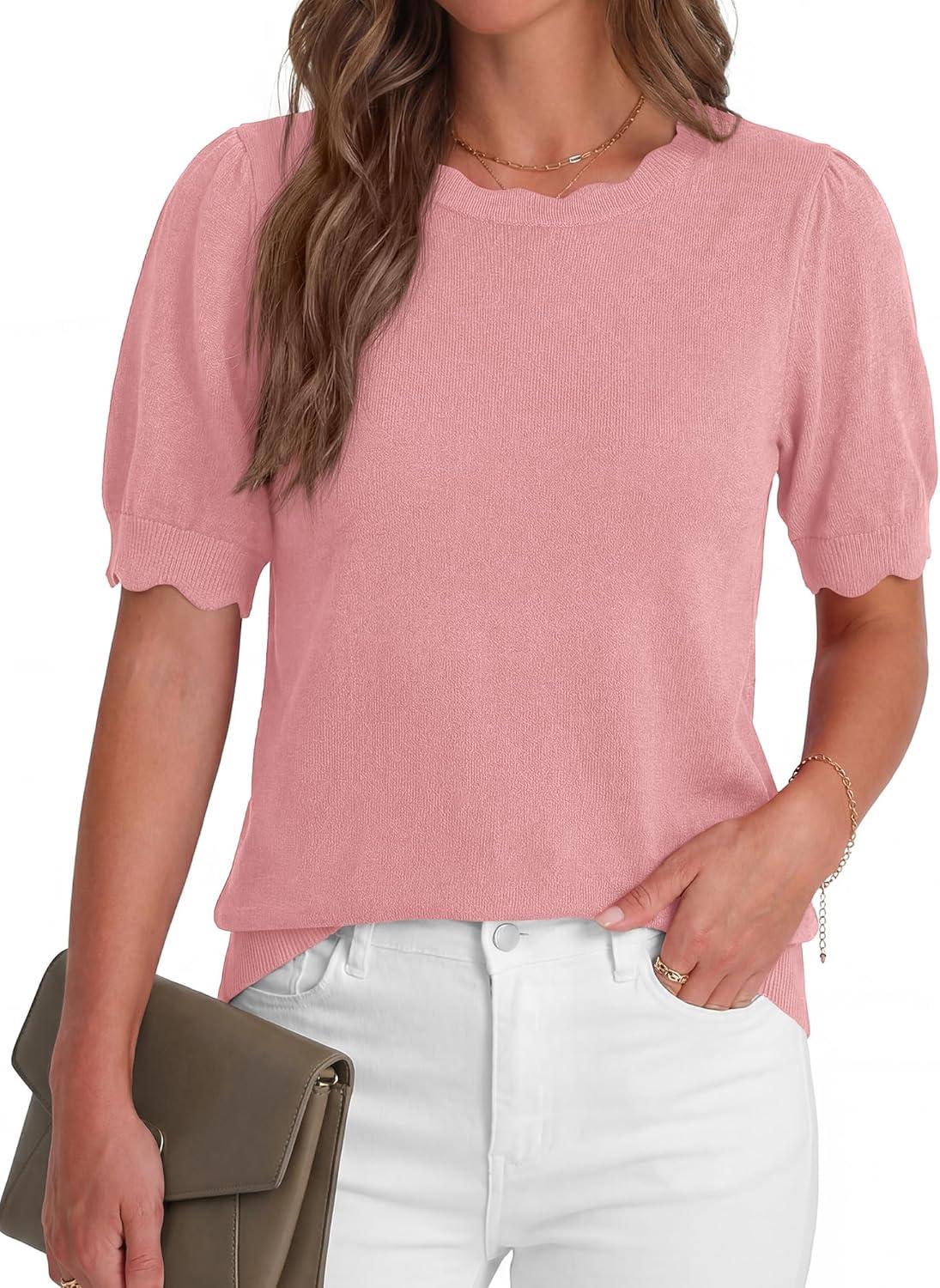 imageBTFBM Short Sleeve Sweater for Women 2026 Spring Summer Knit Basic Tops Lightweight Business Casual Vacation OutfitsPink