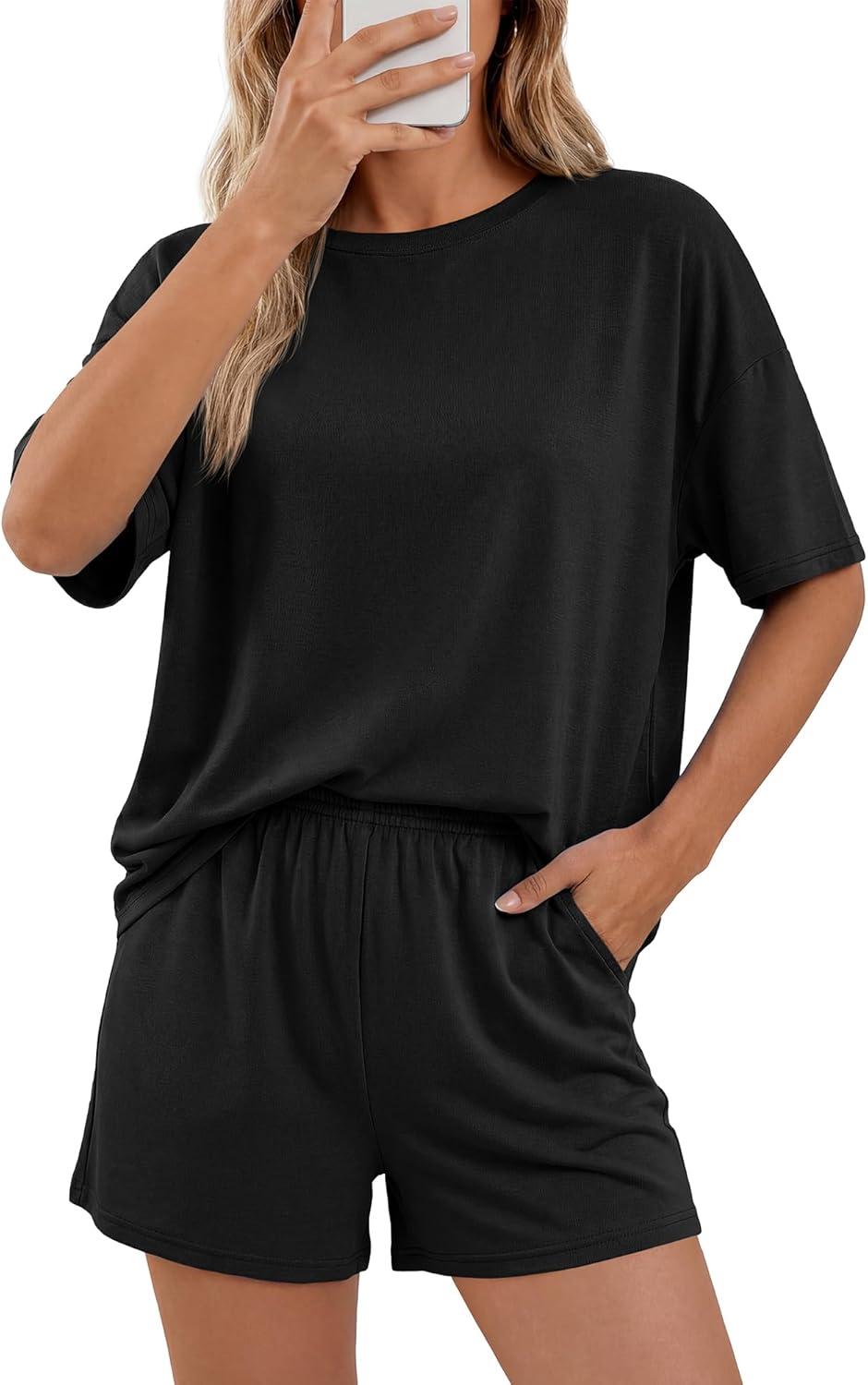 imageBTFBM Two Piece Sets For Women Summer Outfits Short Sleeve Tops Lounge Shorts Sets Oversized Matching Sets Pockets 2026Black