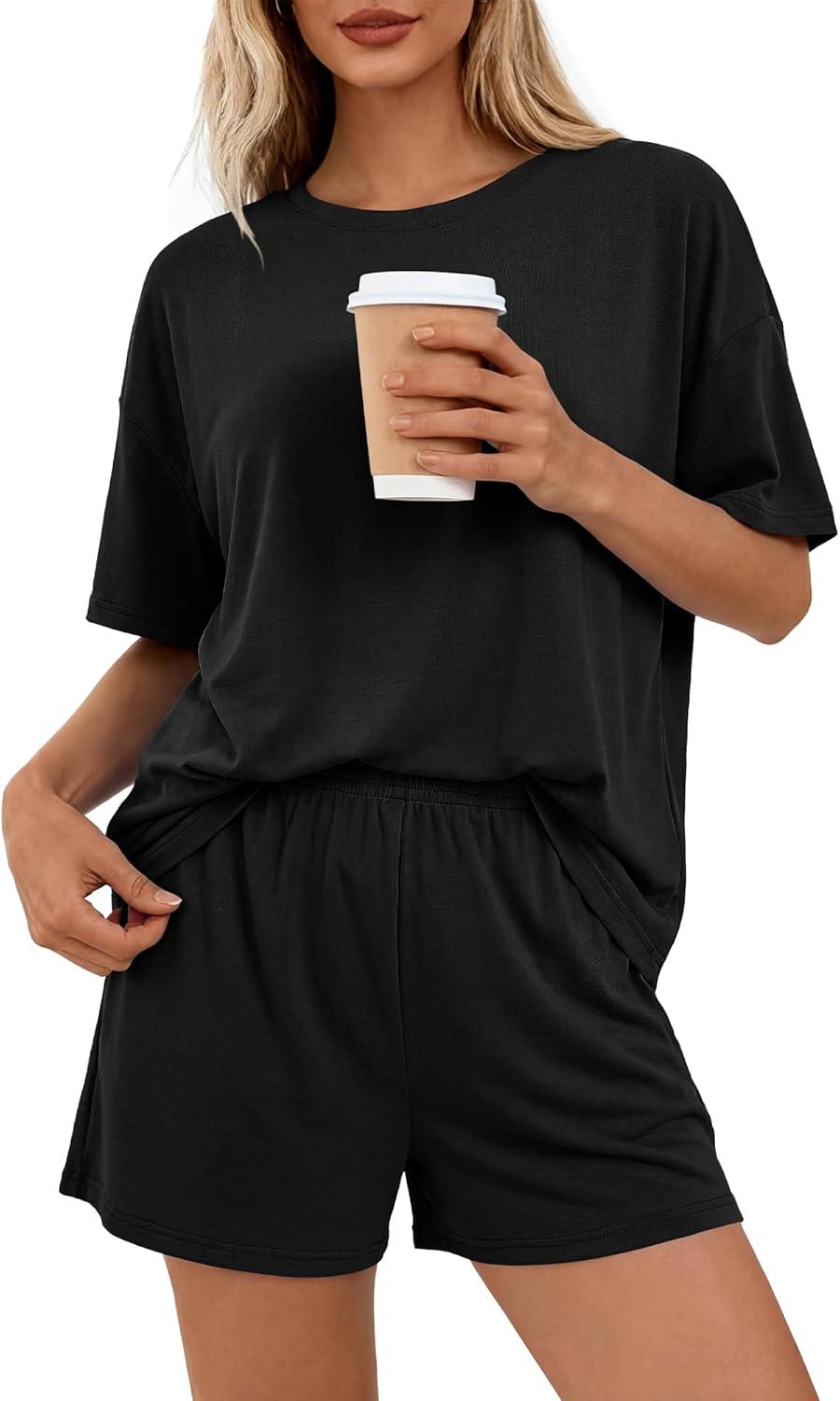 imageBTFBM Two Piece Sets For Women Summer Outfits Short Sleeve Tops Lounge Shorts Sets Oversized Matching Sets Pockets 2026Black