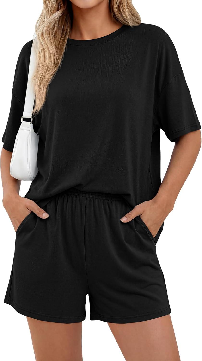 imageBTFBM Two Piece Sets For Women Summer Outfits Short Sleeve Tops Lounge Shorts Sets Oversized Matching Sets Pockets 2026Black