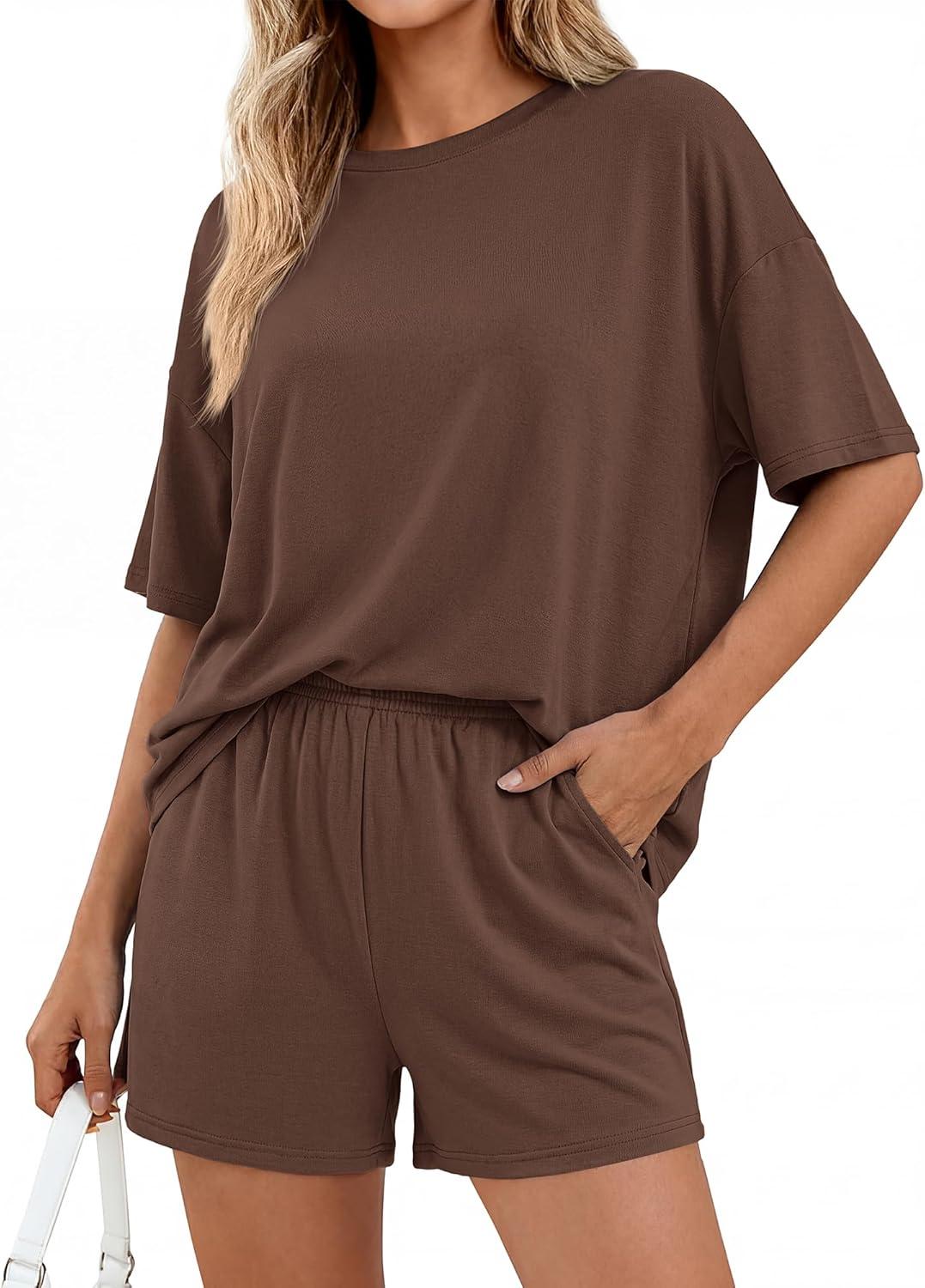 imageBTFBM Two Piece Sets For Women Summer Outfits Short Sleeve Tops Lounge Shorts Sets Oversized Matching Sets Pockets 2026Brown
