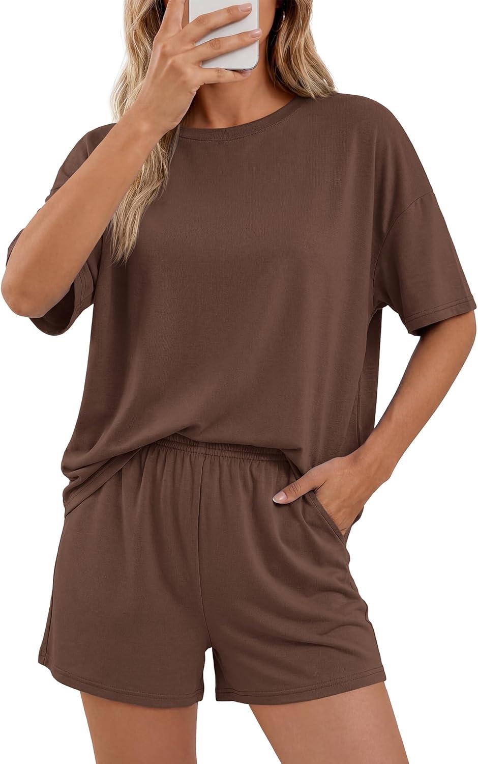imageBTFBM Two Piece Sets For Women Summer Outfits Short Sleeve Tops Lounge Shorts Sets Oversized Matching Sets Pockets 2026Brown
