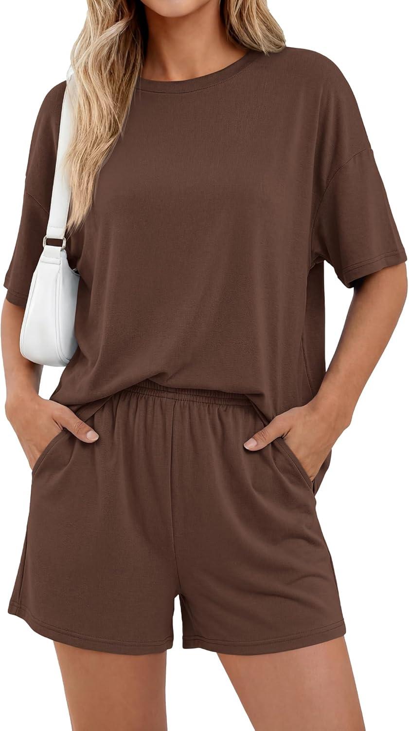 imageBTFBM Two Piece Sets For Women Summer Outfits Short Sleeve Tops Lounge Shorts Sets Oversized Matching Sets Pockets 2026Brown
